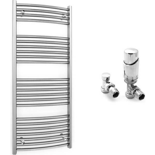 (550 x 1200 mm (BTU: 1448), With TRV Angled Valves) 550mm Wide Chrome Curved Towel Rail Radiator With Valves