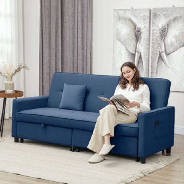 Reversible L-Shaped Sectional Sofa Bed with Cushions - Blue - One Size
