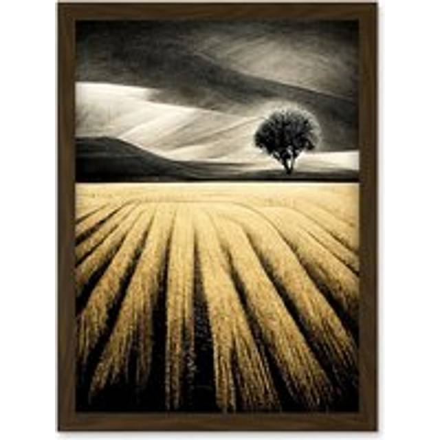 Lone Tree In Field Of Golden Wheat Landscape Modern Painting Artwork Framed Wall Art Print A4 - Brown - One Size