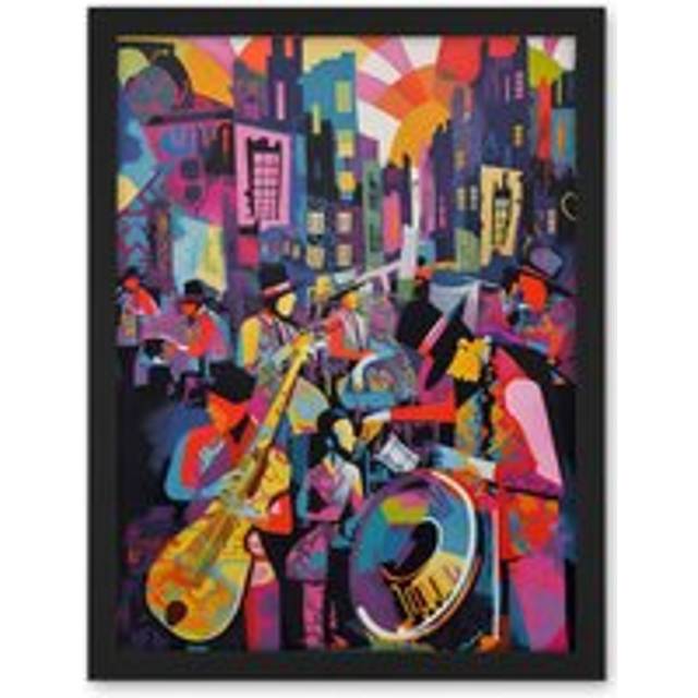 Wall Art Print New Orleans Jazz Festival Street Musicians Playing Music City at Sunset Abstract Modern Painting Large Framed Wall Décor Art - Tan - W1 - W18 inch x H24 inch