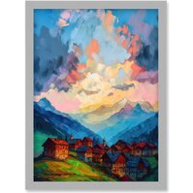 Atmospheric Clouds at Dawn Over Small Village Houses in the Alps Modern Watercolour Painting Artwork Framed Wall Art Print A4 - Grey - One Size