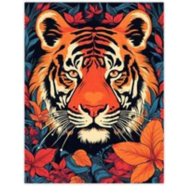 Tangerine Tiger Artwork Bold Bright Amber Orange And Red On Teal Extra Large XL Unframed Wall Art Poster Print - Multi - W24 inch x H32 inch