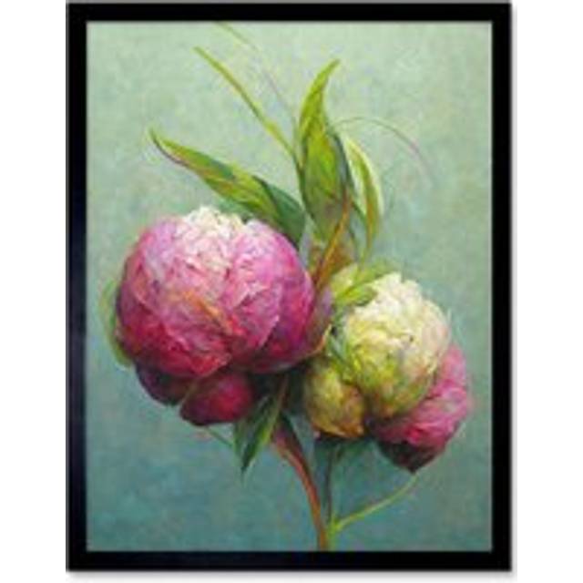 Wall Art Print Modern Pink And White Peony Flowers In Teal Art Framed - Black - W12 inch x H16 inch