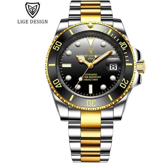 2021 LIGE New Watch Men Automatic Mechanical Tourbillon Clock Fashion Sport Diving Watch 100ATM Waterproof Luminous Watches Mens gold/black