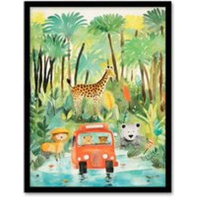 Jungle Safari Adventure Animals Kids Bedroom Nursery Giraffe Lion Watercolour Artwork Art Print Framed Poster Wall Decor - Black - W12 inch x H16 inch