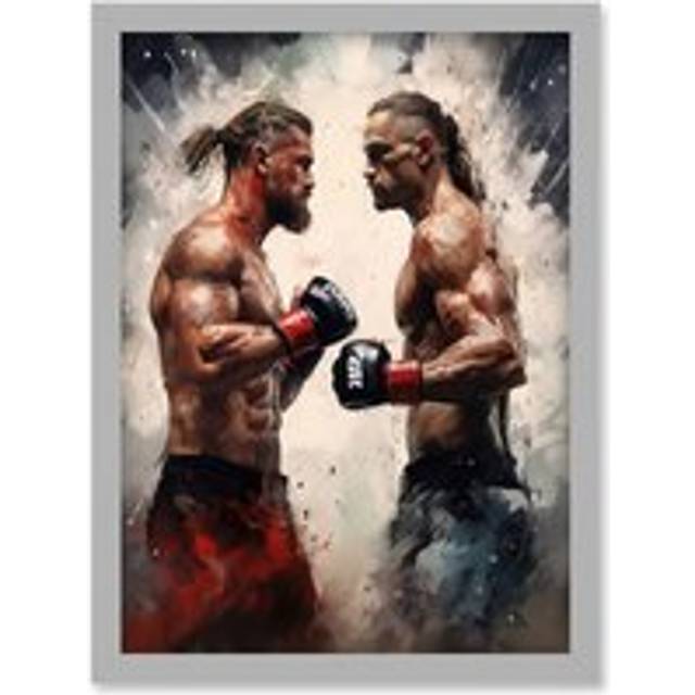 Wall Art Print Cage Fight Oil Paint Artwork Combat Mixed Martial Arts Boxing Wrestling Artwork Framed A4 - Grey - A4