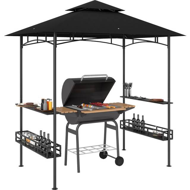 Outsunny 8' x 5' Grill Gazebo Canopy with 2 Side Shelves, Hook, Dark Grey, Grey