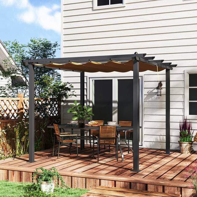 Outsunny 3 x 3(m) Aluminium Pergola with Retractable Roof, Garden Gazebo Khaki