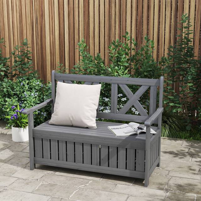 Outsunny Wood Storage Garden Bench for Patio Outdoor Seating, Charcoal Grey, Grey
