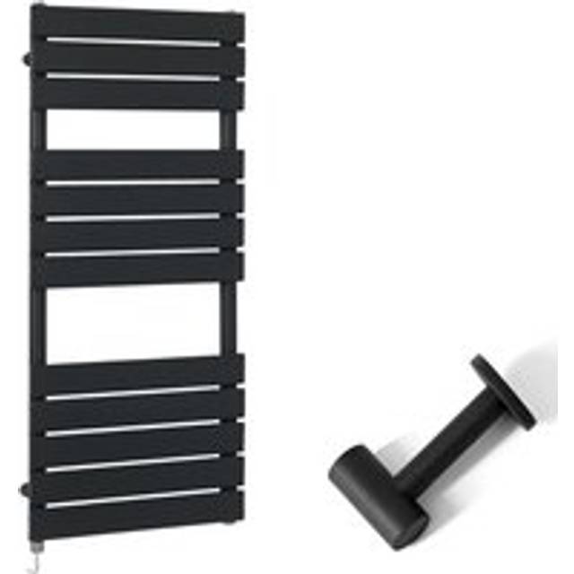Lustro Electric - Modern Black Flat Panel Heated Towel Rail Radiator with Simple Heating Element and Cable Cover - 1200mm x 450mm - Milano