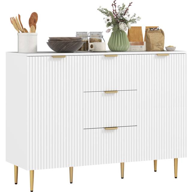 Sideboard Buffet Cabinet w/ 3 Drawers and Adjustable Shelves, White - One Size