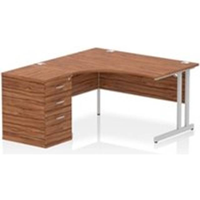 Impulse 1400mm Left Crescent Office Desk Walnut Top White Cantilever Leg Workstation 600 Deep Desk High Pedestal
