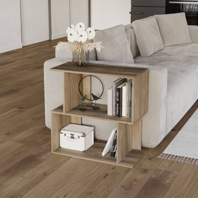 (Oak, 60cm) 2 Tier Modern Bookcase Irregular Storage Shelf Wooden Shelving Unit Display Organiser