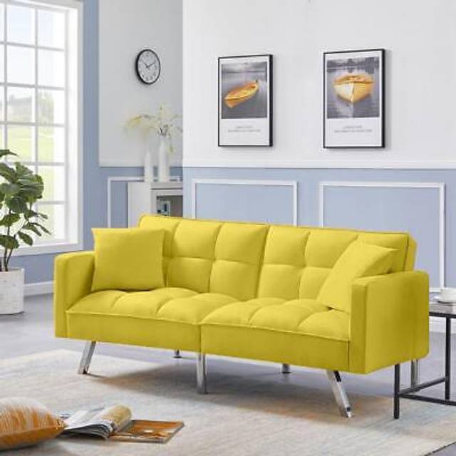 Kosy Koala - Sofa Bed 2 Seater Yellow Velvet Click Clack Sofa Settee Recliner Couch with Metal Legs with 2 Pillows