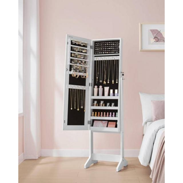 Large Mirror Jewelry Armoire, White + Black Lining