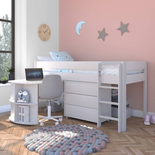 Stompa Uno Midsleeper With Pull Out Desk and Chest of Drawers, Pine - White