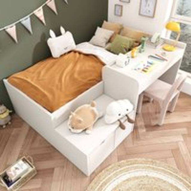 Kids Single Bed with Desk and Drawers, , 3ft Kids Wooden Bed with Storage, Lying Surface for Teenagers & Adults (No Mattress) 90 x190 cm, White