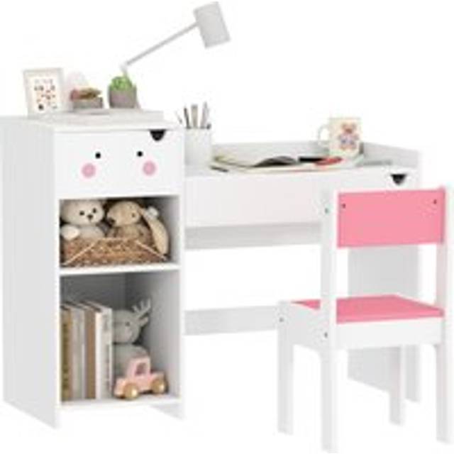 Kids desk and chair set with drawers, bookshelf, shelves, white/pink