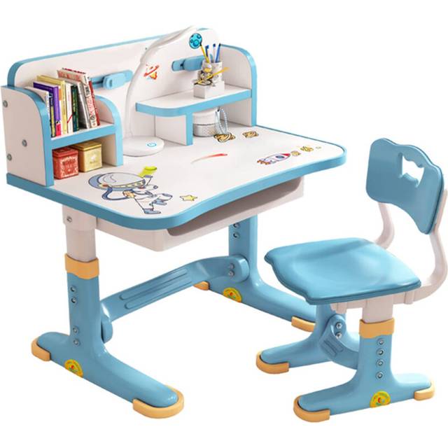 Reheyre Children Study Desk and Chair Set, Blue Desk Set with Adjustable Height, Drawers and Storage, Cartoon Pattern Childs Learning Tables and