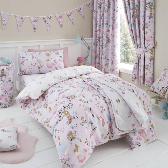 Happy Linen Company Enchanted Forest Unicorn Reversible Duvet Cover Bedding Set - Toddler Cot Bed, Pink