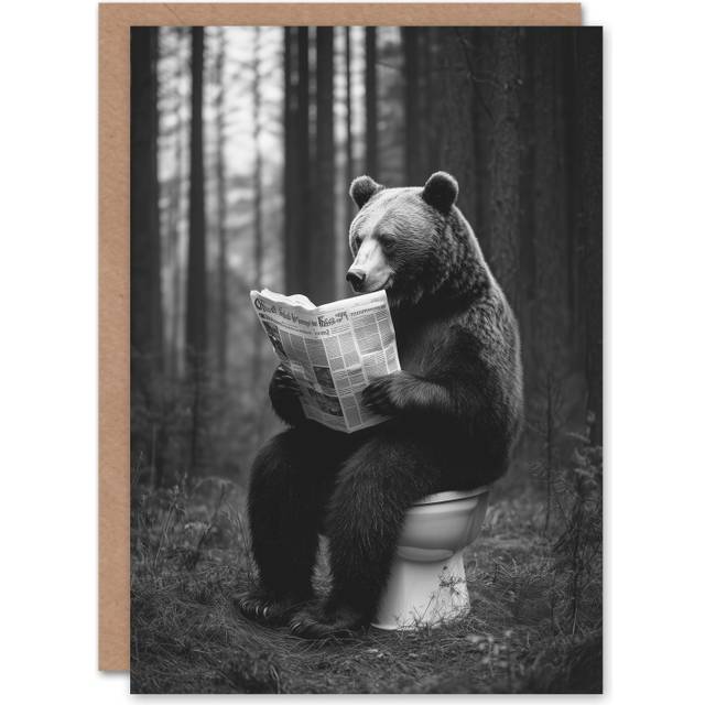 Grizzly Bear Toilet Newspaper Black White Forest Birthday Greeting Card