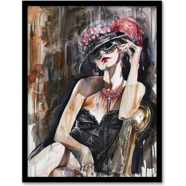 Dark Modern Flapper Girl Venetian Mask Portrait Framed Art Print - Grey - A4
