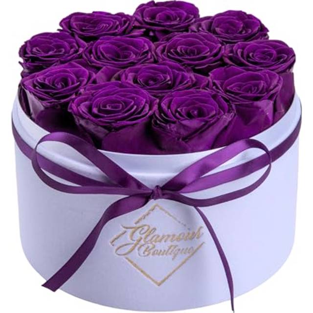 GLAMOUR BOUTIQUE Forever Flower Gift Box: 12 Real Preserved Roses in Round Velvet White Box  Handmade  Rose Petals  Birthday  Marriage Anniv
