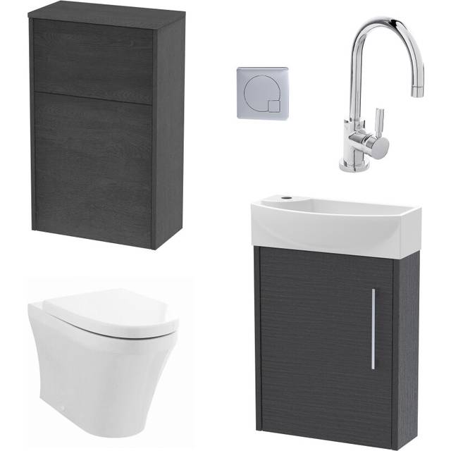 Power Cloakroom Bundle - Right Wall Hung Vanity Unit, Concealed Cistern WC Unit, Toilet & Tap, 440mm - Graphite/Chrome - Balterley