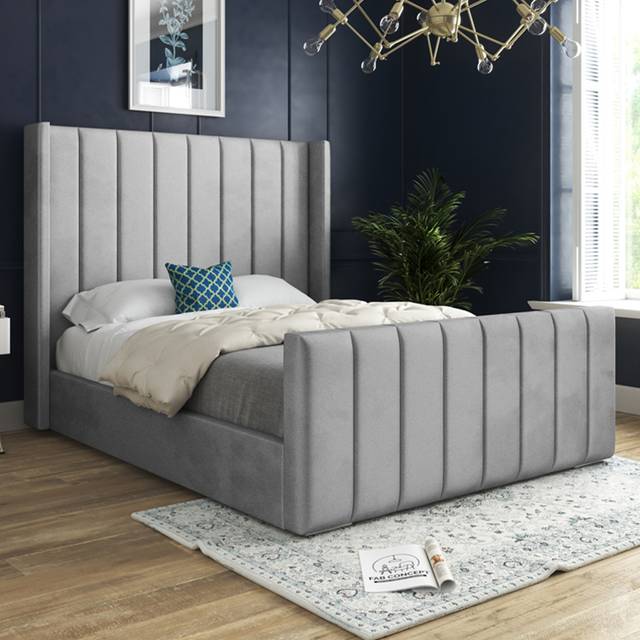 Oxford Panel Lined Upholstered Soft Velvet Bed - Grey / Double