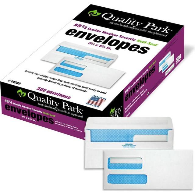 "Quality Park #8 5/8 Security Envelopes  Double Window  Self Seal Envelopes for Invoices/Statements  3-5/8"""" x 8-5/8""""  24 lb White  500/Box (QUA24539)"