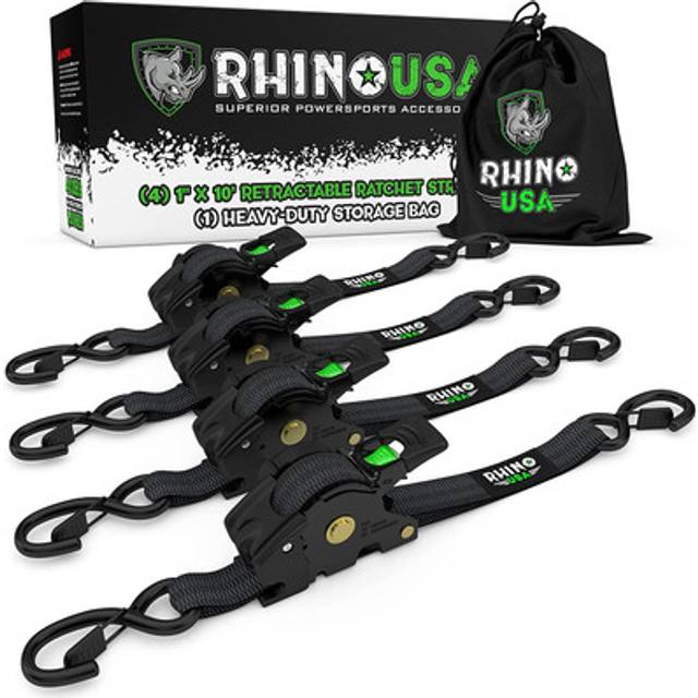 "Rhino USA Retractable Ratchet Tie Down Straps (4PK) - 1,209lb Guaranteed Max Break Strength, Includes (4) Ultimate 1"" x 10' Autoretract Downs with Pa"