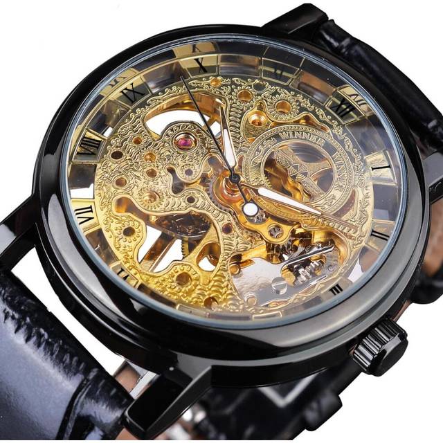 Winner Transparent Fashion Case Luxury Casual Design Leather Strap Mens Watches Top Brand Luxury Mechanical Skeleton Watch