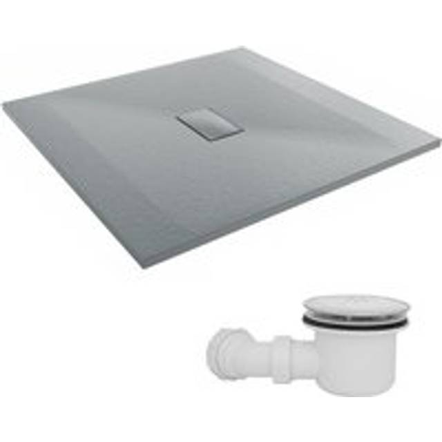 NRG - 1000 x 1000mm smc Anthracite Square Slate Effect Bathroom Shower Tray & Fluidmaster Fast Flow Waste Trap
