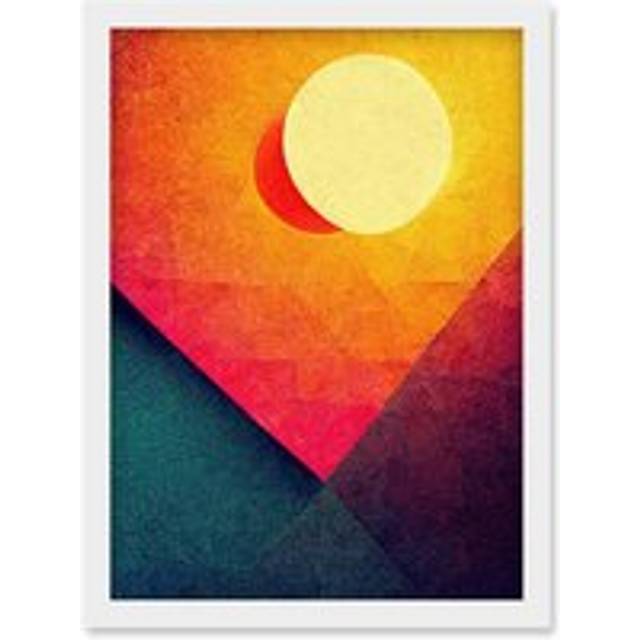 Abstract Geometric Retro Eclipse Moon Sun Yellow Pink Teal Colourful Sunset Artwork Framed Wall Art Print A4 - White - One Size