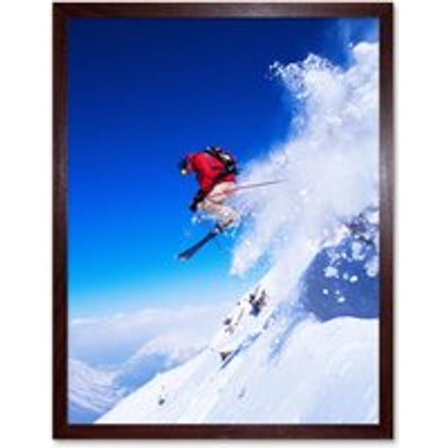 Wall Art Print Skier Jumping Slope Skiing Snow Sport Alps Winter Landscape Ski Action Photo Art Framed - Brown - W12 inch x H16 inch