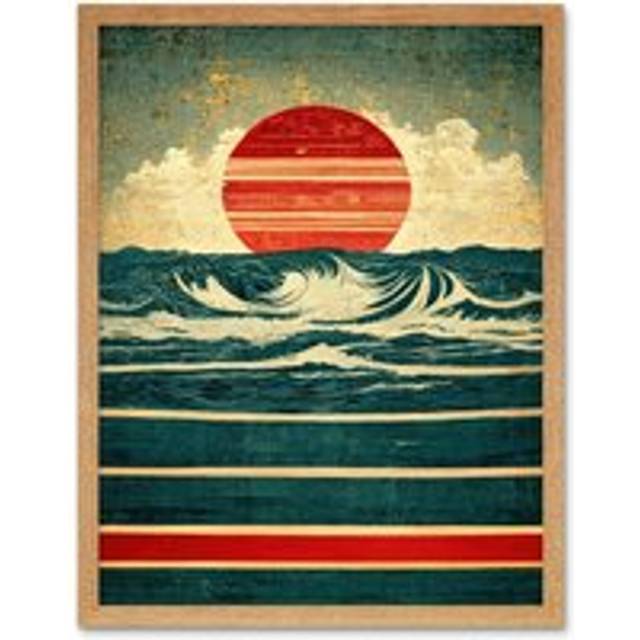 Wall Art Print Abstract Waves Sunrise Seascape Red Blue Gold Art Framed - Tan - W12 inch x H16 inch
