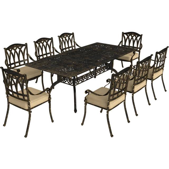 Outsunny 9 Pieces Cast Aluminium Garden Dining Set with Parasol Hole, Bronze, Brown