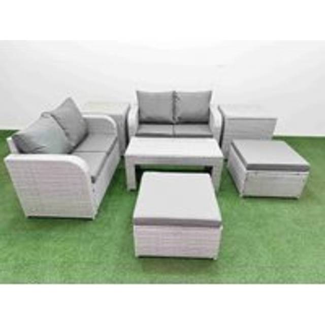 Fimous 6 Seater Outdoor Love Sofa Set Rattan Garden Furniture Set with Oblong Coffee Table 2 Footstool 2 Side Tables Light Grey