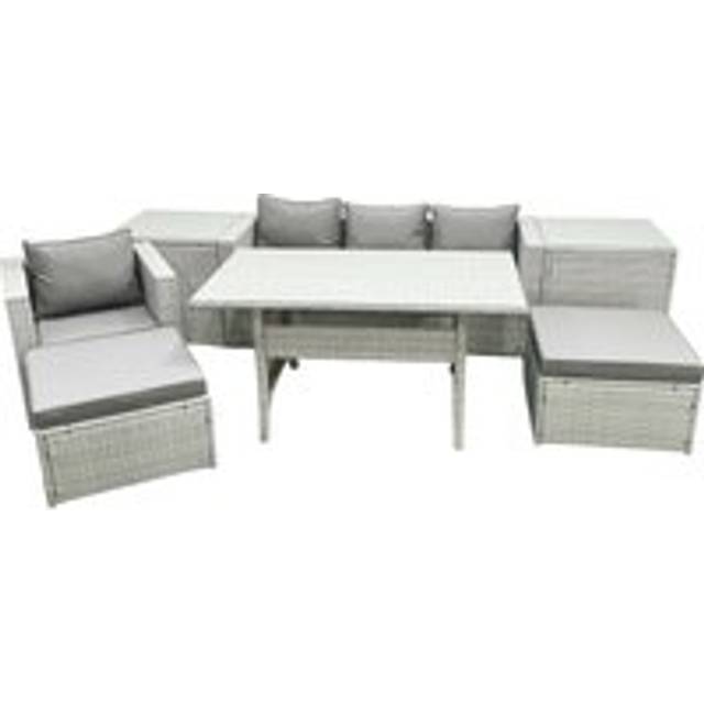 Fimous Rattan Garden Furniture Set Outdoor 6 Seater Patio Dining Sets with Glass Top Dining Table 2 Side Tables Light Grey Mixed