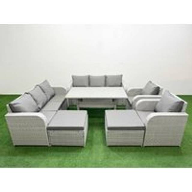 Fimous PE Rattan High Back Lounge Sofa Set Patio Rectangular Dining Table & Chairs Set with 3 Seater Sofa 2 Big Footstool Light Grey
