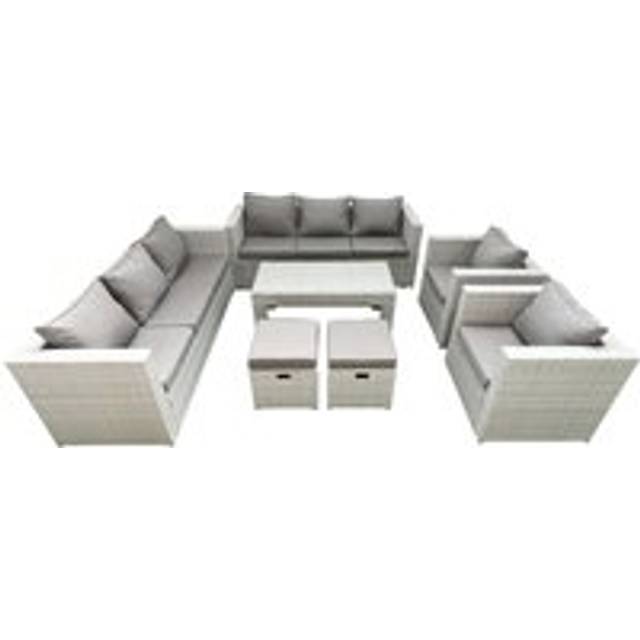 Fimous Outdoor Garden Furniture Rattan Sofa Set with 2 Armchairs Oblong Coffee Table 2 Small Footstools Light Grey Mixed