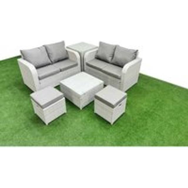 6 Seater Outdoor Love Sofa Set Rattan Garden Furniture Set with Square Coffee Table 2 Small Stools Side Table Light Grey - One Size