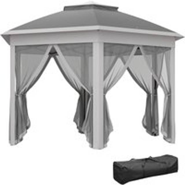 Outsunny 3 x 4m Garden Gazebo Hexagon Pop Up Party Tent Canopy Double Roof Instant Shelter with Netting and Carry Bag for Outdoor Patio, Dark Grey