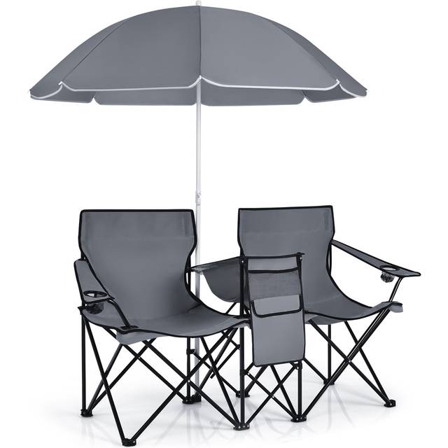 Portable Double Camping Chair with Umbrella and Ice Bag-Grey