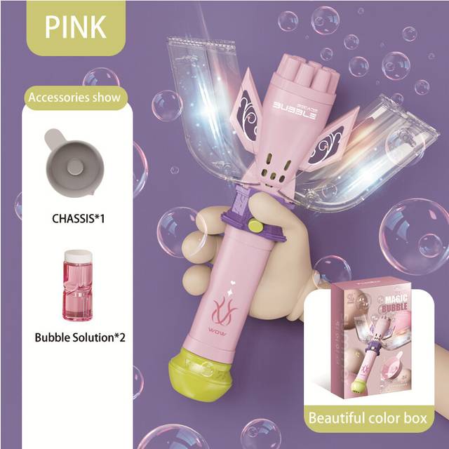 (Pink with box) Bubble Gun Transformation Bubbles Machine Automatic Soap With Light Music