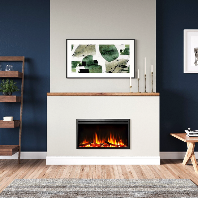 "FLAMME 33""/84cm Castello Slim Frame Recessed Media Wall Inset Electric Fireplace with Multi Flame Colours 750W/1500W"