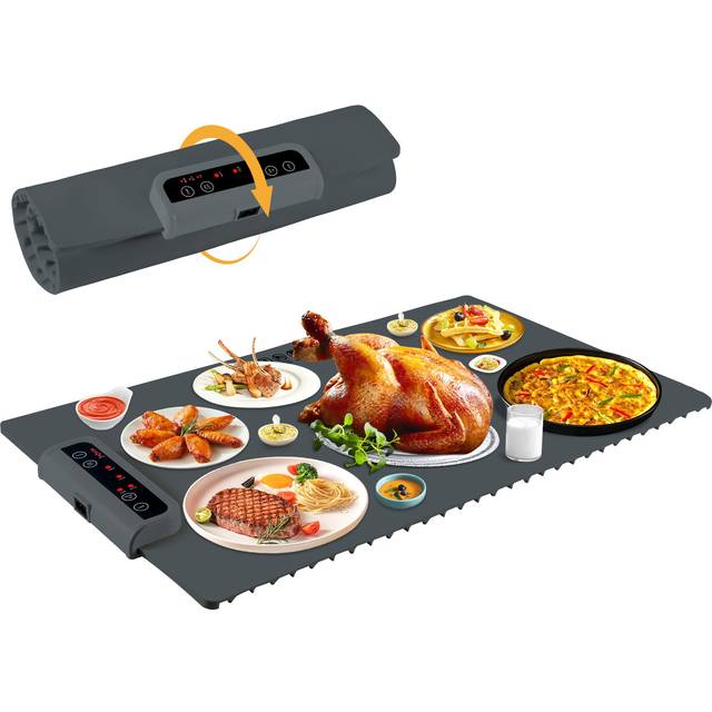 Food Warming Mat Silicone Electric Warming Tray Foldable Heater Food Pad with 3 Temperature Levels US Plug gray