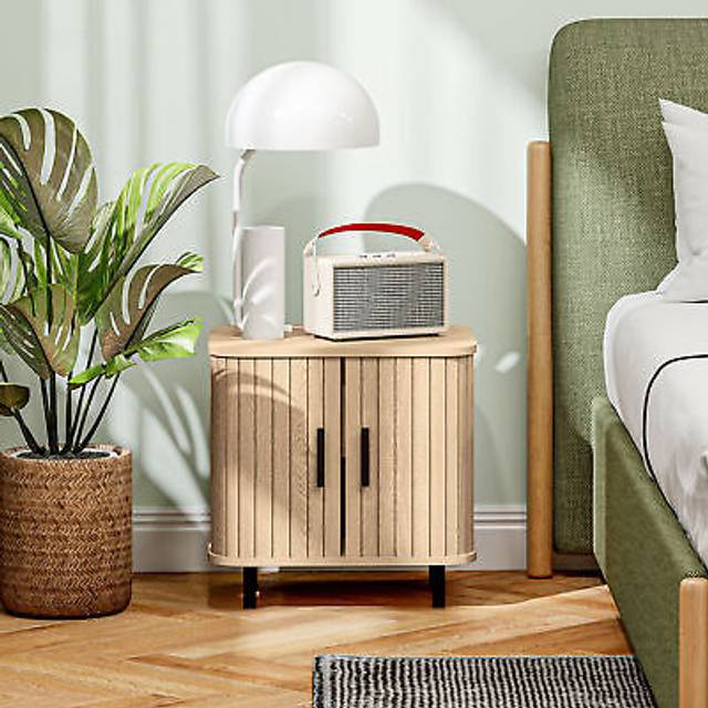 HOMCOM Bedside Table, Nordic Side Table with Roller Shutter Style Sliding Doors and Metal Legs for Bedroom, Living Room, Oak Tone Aosom UK