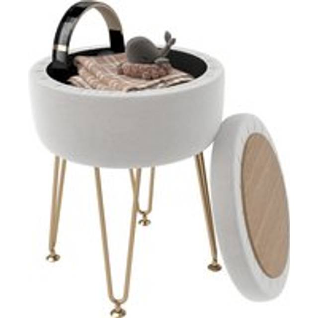 HOMCOM 5L Velvet Storage Ottoman, Modern Round Footstool with Metal Hairpin Legs and Removable Lid for Hallway, Bedroom, Living Room, Cream White