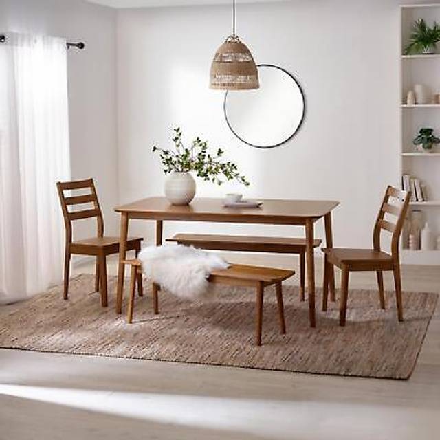 Drea Large Walnut Effect Wooden Dining Table With 2 Benches & 2 Chairs - Traditional Rustic Farmhouse Style - Brown (6)